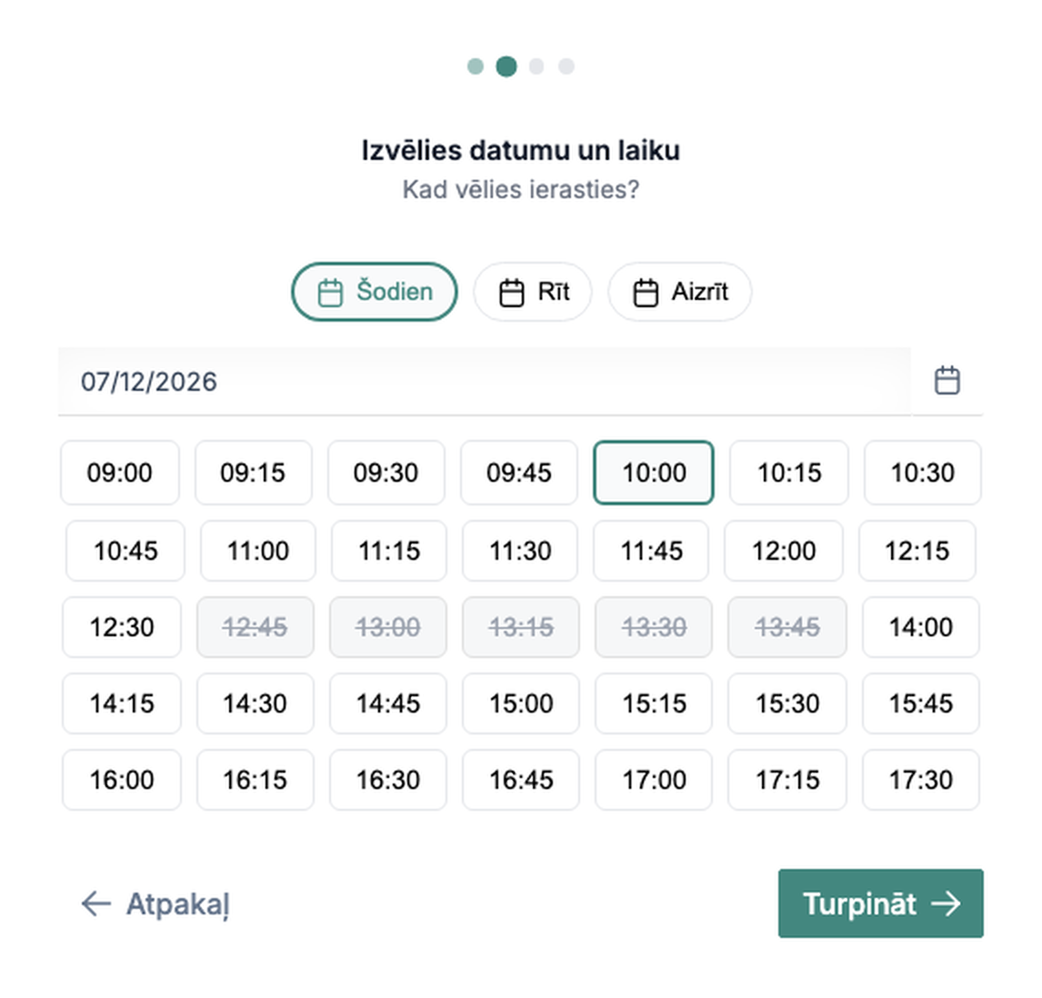 Quanty tiešsaistes rezervēšana: publiska lapa ar pakalpojumiem un pieejamiem laikiem