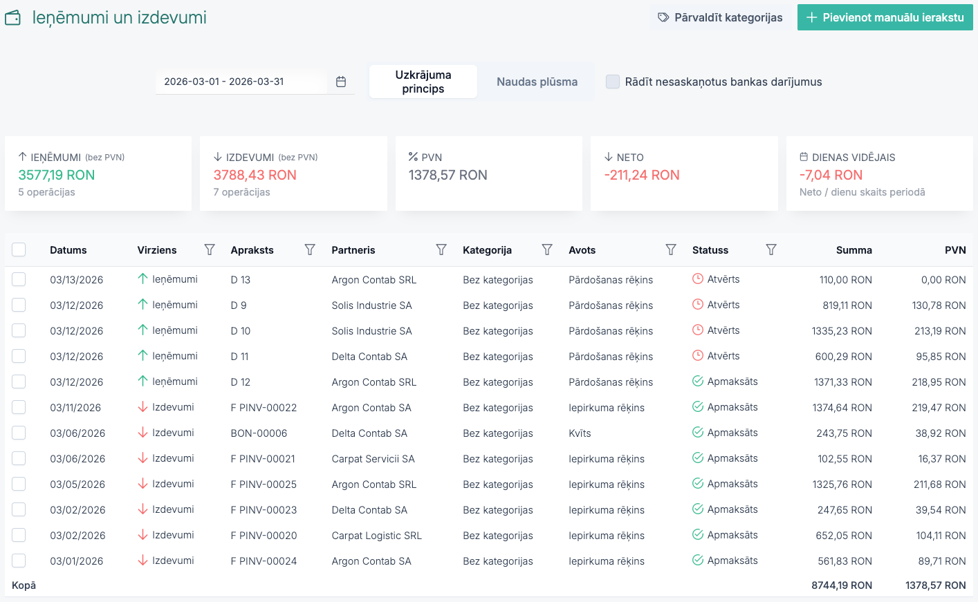 Quanty platformas ekrānattēls finanšu un operatīvajai uzskaitei